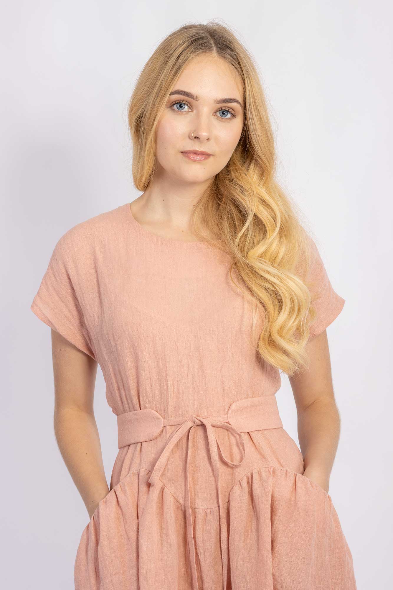 Forget-me-not April A-line dress and Gemma belt in Dark gray Tencel suiting, front view