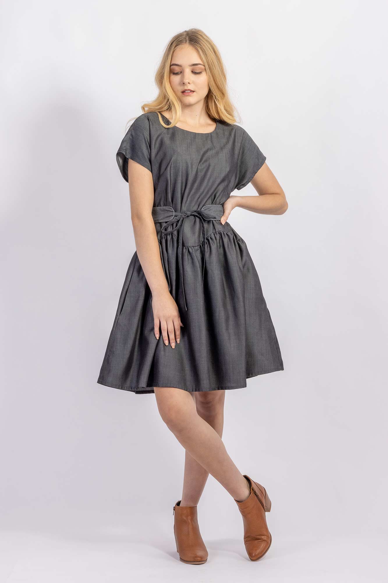 Forget-me-not April A-line dress and Gemma belt in Dark gray Tencel suiting, front view