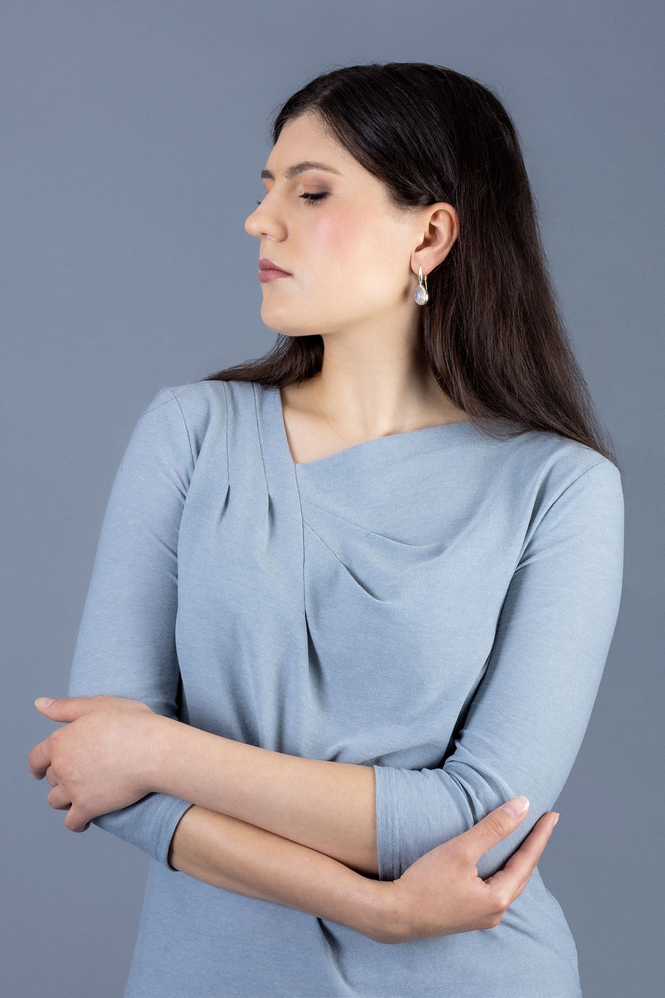 Viola top in navy cotton interlock knit, close up front view