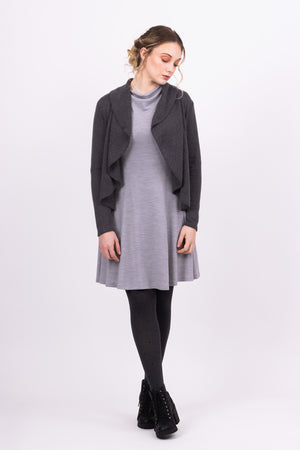 Short Kirsi cardigan in grey, worn open, with grey Clementine dress, front view