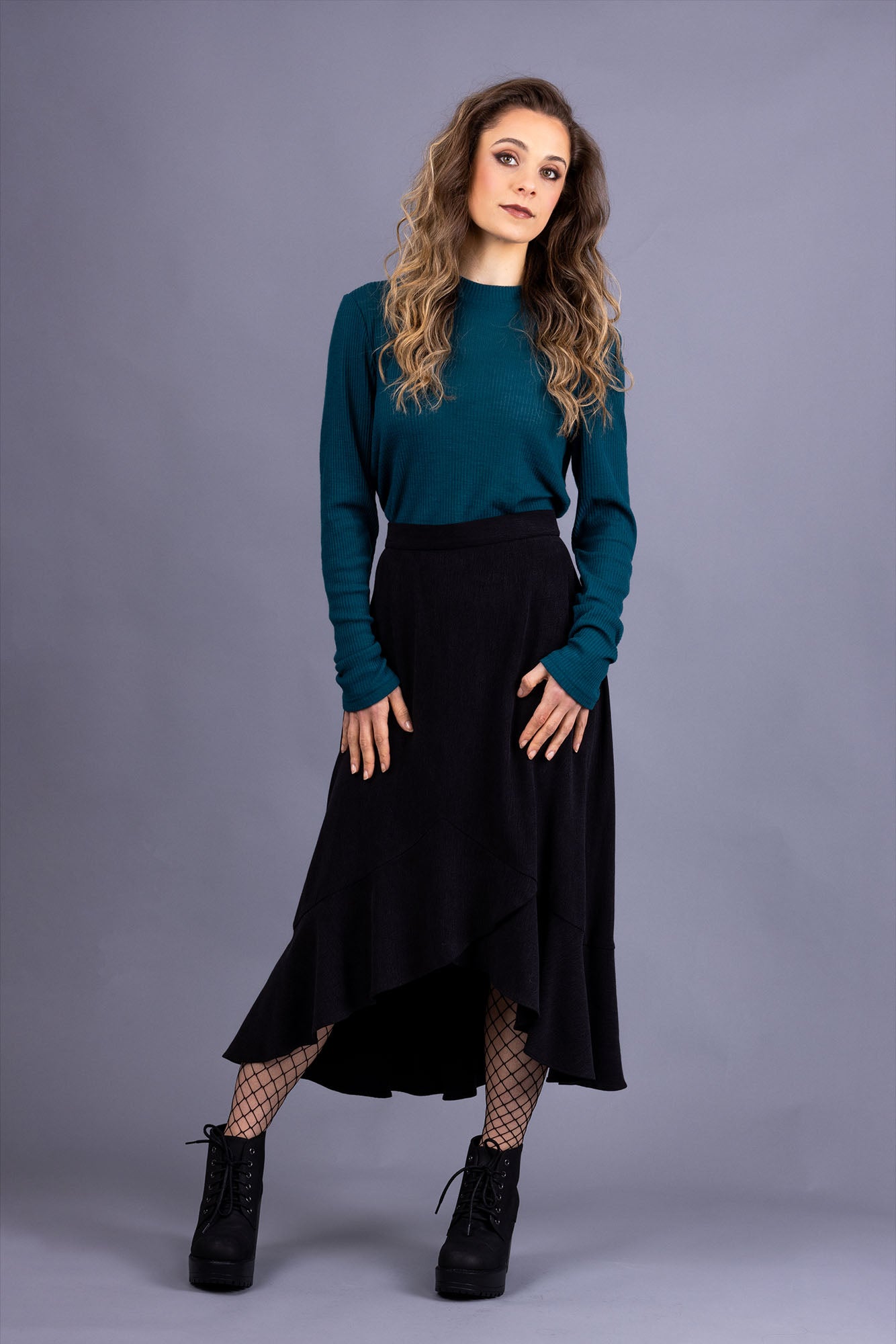 Rosalie darted midi skirt in sherbet plaid, with Iris tee in white, front view