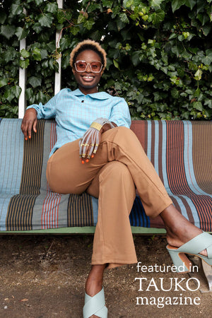 Helmi woven blouse with peter pan collar in blue plaid linen, front view, seated