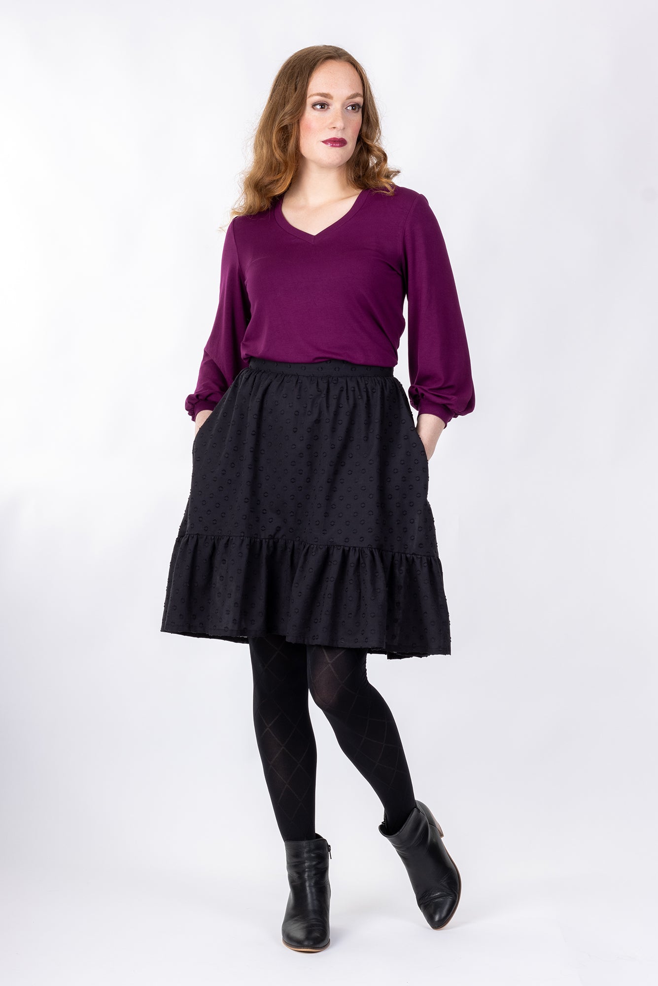 Forget-Me-Not Ella long skirt pattern in bottle green, worn with Iris pleated tee, full-length front view