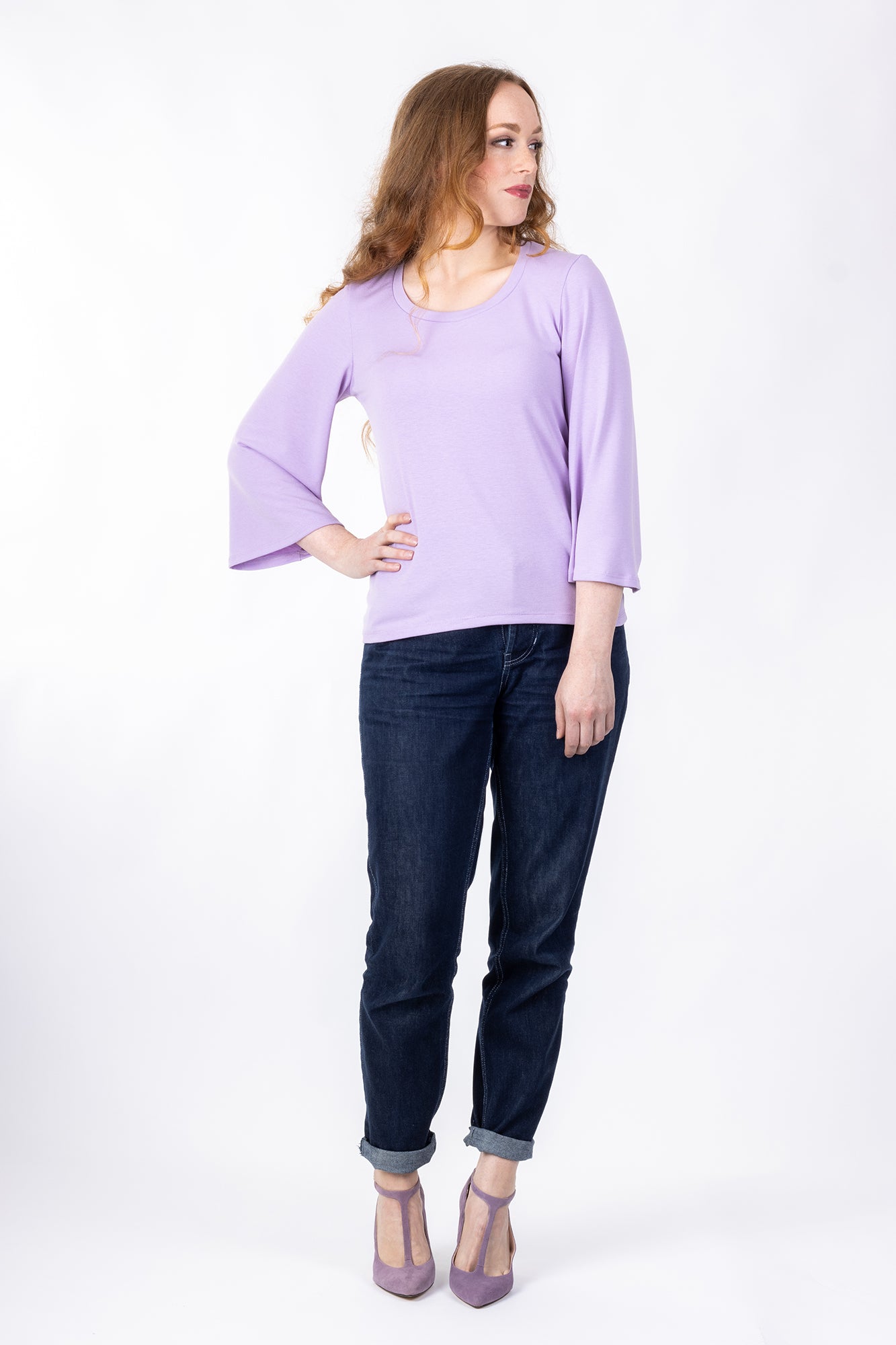 Forget-Me-Not Vera three-quarter gathered sleeve knit top pattern in magenta, full front view