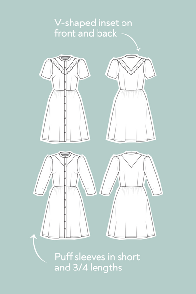 Line drawings for Kelly shirt dress showing front and back views